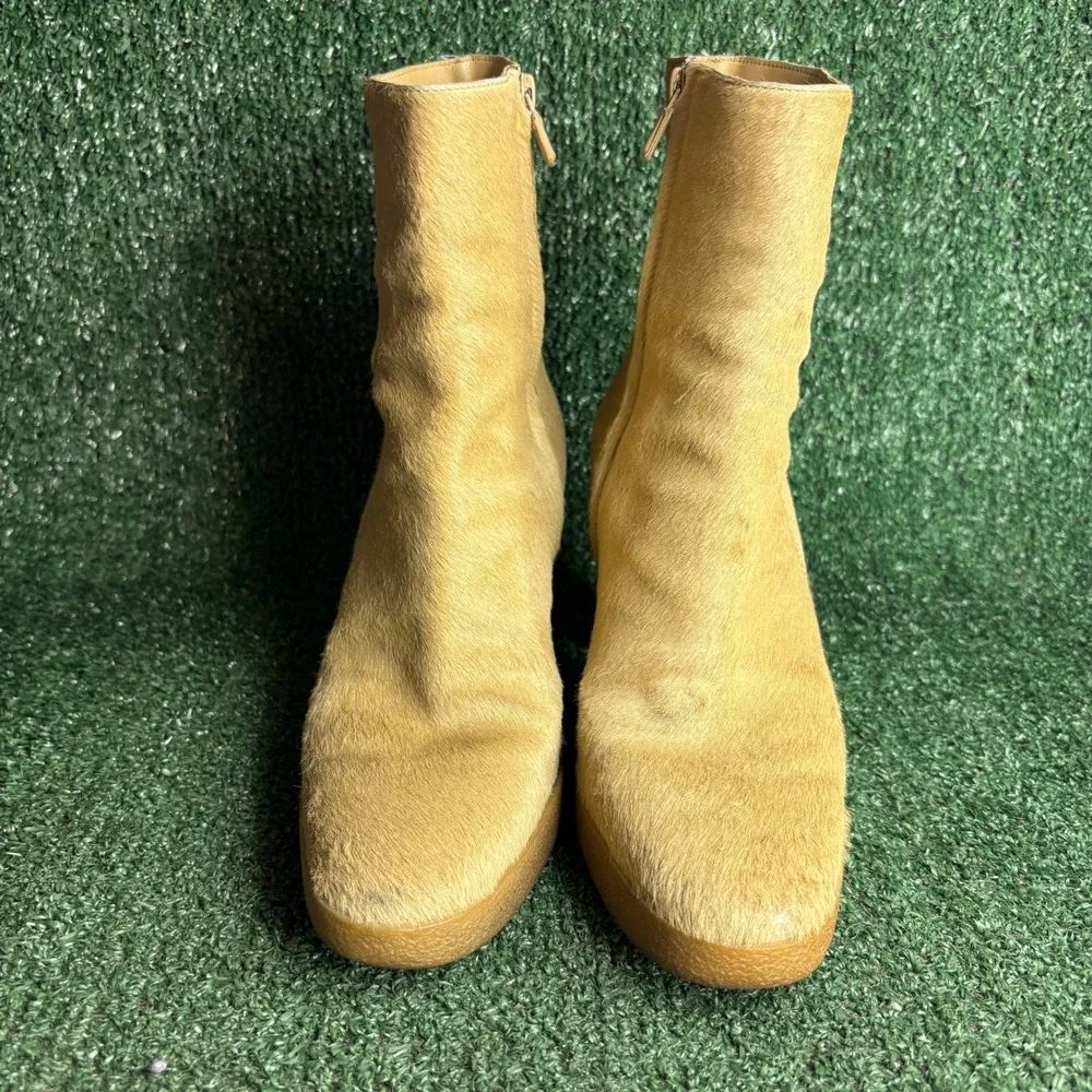 Tods Pony Hair Block Heel Side Zip Ankle Bootie Moto Tan Beige Womens Size 8.5‎